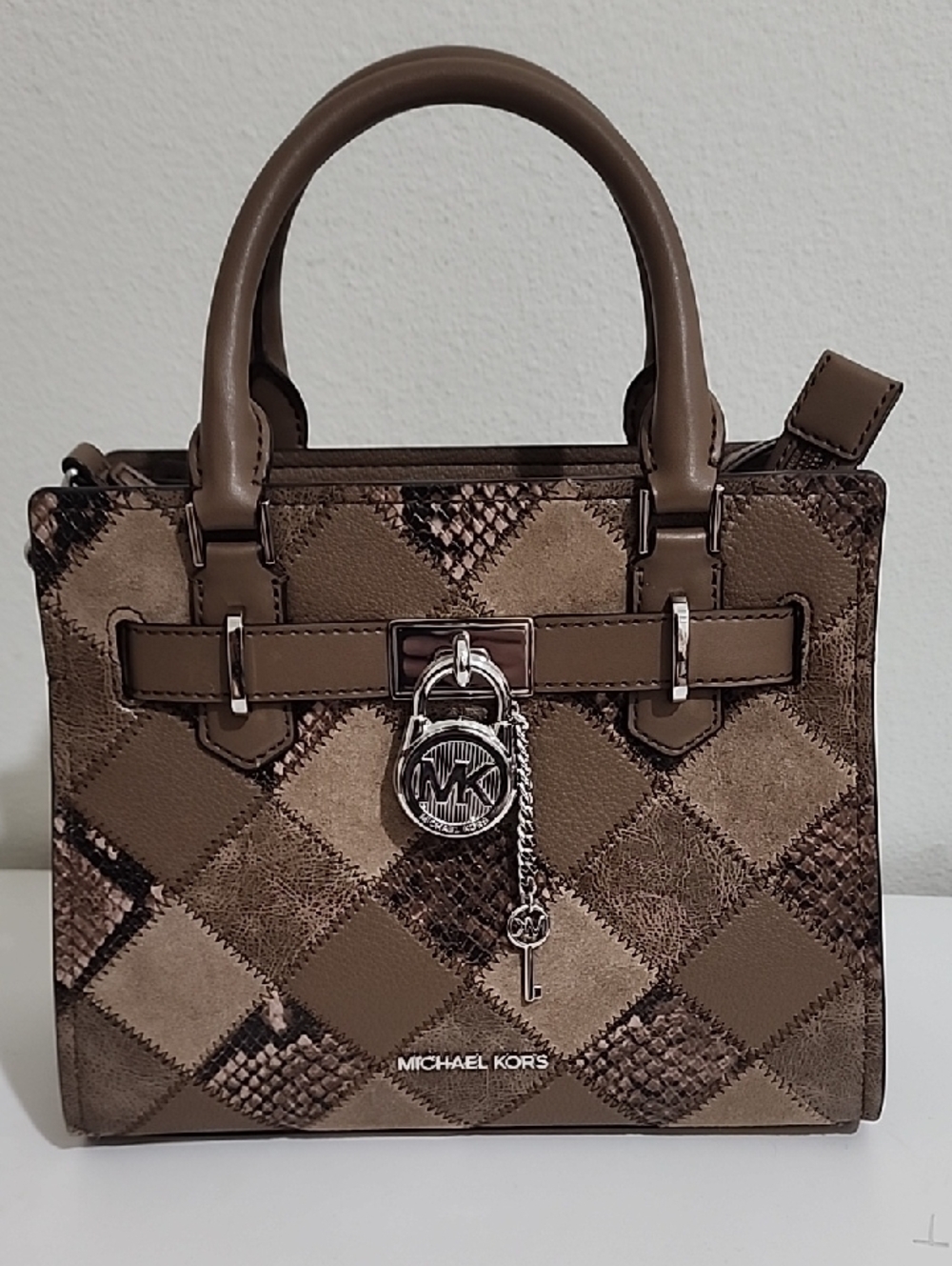 Michael Kors Taupe Patchwork Leather Satchel with Signature Charm